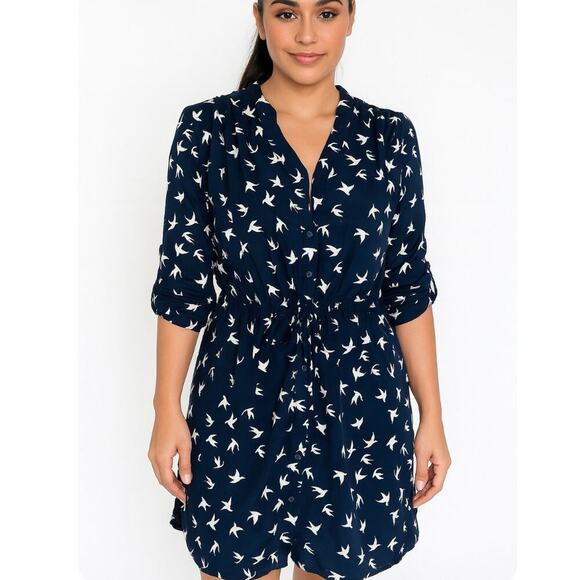 Spence brand black with white dove print 1/2 button elastic waist dress SZ 4 - Picture 1 of 13